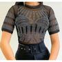 Imagem de Blusa cropped manga curta tule aplicação de strass variados gola rasa moda feminina