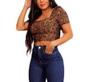 Imagem de Blusa cropped onça manga curta princesa bufante decote reto feminina moda barata