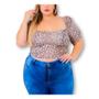 Imagem de Blusa Cropped plus size poliéster onça manga bufante decote reto feminino