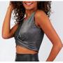 Imagem de Blusa cropped poliamida lurex cavada transpassada feminino estilo blogueira