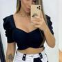 Imagem de Blusa cropped poliéster feminino manga curta princesa amarração costa estilo