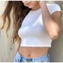 Imagem de Blusa cropped top feminino básico canelado gola rasa manga curta moda feminina