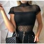 Imagem de Blusa cropped top feminino renda transparente gola alta manga curta c/bojo moda blogueira