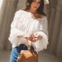 Imagem de Blusa Feminina Boho De Malha Com Decote Em V Com Babado Manga Flare Peplum Top Transparente Verão