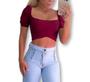 Imagem de Blusa feminina cropped top poliéster manga bufante com bojo transpassado tendência