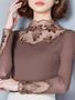 Imagem de Blusa Feminina de Renda com Manga Comprida - Gola Alta, Vazada e Patchwork - Casual (Primavera/Outono)