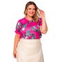 Imagem de Blusa feminina plus size manga curta estampa tropical com renda em crepe suave