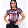 Imagem de Blusa feminina t-shirt listrada manga curta dois babados aplicações estampas diversas