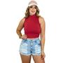 Imagem de Blusa Gola Alta Sem Bojo Feminina Manga curta Blusinha  Cropped   Lisa com Elastano Canelado