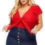 Imagem de Blusa Plus Size Feminina Gola V Amarração Manga Lese Malha