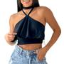 Imagem de Blusa top Cropped canelado babado frontal amarração no pescoço feminino