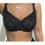 Imagem de Blusa top cropped feminina tela strass alça extra fina tendência fashion