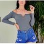 Imagem de Body blusa decote v feminino manga longa canelado