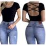 Imagem de Body blusa feminino canelada manga curta tira transpassada nas costas elegante