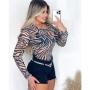 Imagem de Body feminina manga longa tule estampa zebra