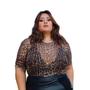 Imagem de Body Plus Size Tule Manga Curta Onça Oncinha Blusa Animal BT
