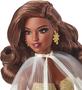 Imagem de Boneca Barbie Signature, Natal de 2023, com vestido dourado e suporte