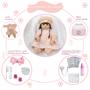 Imagem de Boneca Reborn Gatinha Baby Vestido Salmão + Bolsa 20 Itens