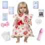 Imagem de Boneca Tipo Reborn Loira Fofinha Vestido Florido + Kit Itens