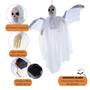 Imagem de Boneco Caveira Halloween Decoração Led Som Noite Festa Monstro Zumbi Morcego Asa Fantasma Horror Branco Assustador Animado Esqueleto 