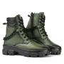 Imagem de Bota Coturno Couro Militar Feminino Cano Médio Solado Tratorado Corrente Casual Verde Militar