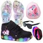 Imagem de Botinha De Led Led Feminino Unicornio Meninas Calce Facil + Mochila + Chinelo Oculos Relogio