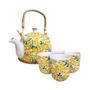 Imagem de Bule de Chá Com Alça Madeira 4 Copos Xicara Caneca Porcelana
