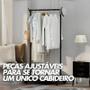 Imagem de Cabideiro Duplo Preto Arara Organizador Multiuso com Rodinhas Montagem Fácil e Espaço para Sapatos
