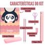 Imagem de Caderno Brochura Capa Dura Ursinho Panda Rosa Pastel com Kit Escolar 7 Pçs Estojo Régua Lápis Apontador Tesoura Borracha