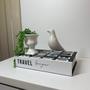 Imagem de Caixa livro decorativo grande Travel Bonjour, pássaro branco de cerâmica e vaso pedestal com suculenta