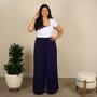 Imagem de Calça Feminina Pantalona Plus Size Tecido Duna Elástico Na Cintura Alta Wide Leg