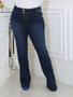Imagem de Calça Flare Jeans Feminina Plus Size Escura com puidos cintura alta boca larga lycra/elastano