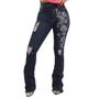 Imagem de Calça Jeans Azul Bordada E Lavada Feminina Destalhes Strass Brilhos Cruz E Flores Cintura Alta Flare Texas Ranch Jeans 