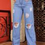 Imagem de Calça Jeans Azul Ferro Wide Leg Destroyed Pantalona Tecido Premium Ref: 0005