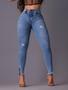 Imagem de calça jeans feminina cor azul claro com detalhes de rasgo tam 42  - vihmodas