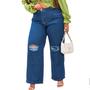 Imagem de Calça Jeans Feminina Wide Leg Plus Size Destroyed nos Joelhos Tecido Premium Ref: 0055