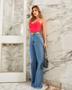 Imagem de Calça jeans wide leg feminina cintura alta detalhe botões