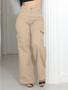 Imagem de Calça Wide Leg feminina Faraya Jeans Bege Caqui Cargo Bolso do lado Premium cintura alta Pantalona