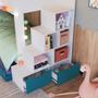 Imagem de Cama Beliche Infantil Bicama Menino Menina 2,32m com Escada, Nichos e Gavetas com Rodas Branco com Azul