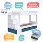 Imagem de Cama Beliche Infantil Bicama Menino Menina 2,32m com Escada, Nichos e Gavetas com Rodas Branco com Azul