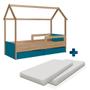 Imagem de Cama Infantil Casinha Com Colchão Solteiro 2 Gavetas Aveiro Oak Azul Secreto Sonho Completa Móveis