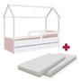 Imagem de Cama Infantil Casinha Com Colchão Solteiro 2 Gavetas Branco Rosa Sonho Completa Móveis