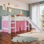 Imagem de Cama Infantil Elevada com Colchão Menino Menina Solteiro 202cm com Degrau e Escorregador Branca com Cortina Rosa