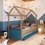 Imagem de Cama Infantil Montessoriana Bicama Casinha Solteiro Menino Menina com Proteção Lateral e Cama Auxiliar Aveiro com Azul