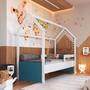 Imagem de Cama Infantil Montessoriana Casinha com Colchão Menino Menina Solteiro 196cm com Proteção Lateral Branco com Azul