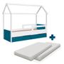 Imagem de Cama Infantil Solteiro Com Colchão 2 Gavetas Casinha Branco Azul Secreto Carrossel Shop JM