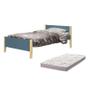 Imagem de Cama Solteiro Simba Azul Fosco Pés Madeira Natural com Colchão D20 - Reller Móveis