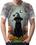 Imagem de Camiseta Camisa Tshirt Halloween Gato Preto Bruxo Abobora