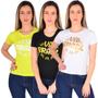 Imagem de Camiseta Feminina Baby Look Gola Careca Confortável Kit 3 Preto/Branco G