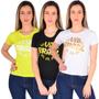 Imagem de Camiseta Feminina Baby Look Gola Careca Confortável Kit 3 Preto/Branco GG